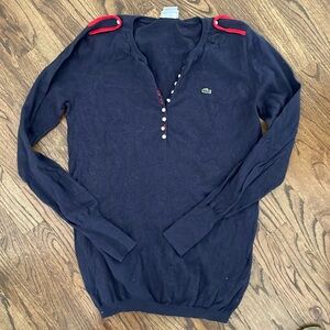 Lacoste Navy Cotton Henley Sweater with Red Épaulettes and Placket accents